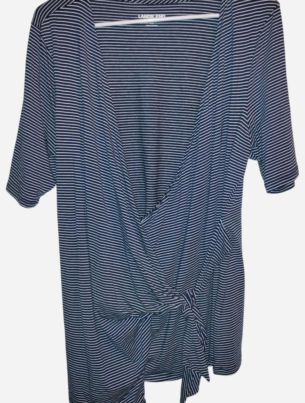 Lands' End Women's Large Navy Blue White Stripe Wrap Side Tie Top Short Sleeve